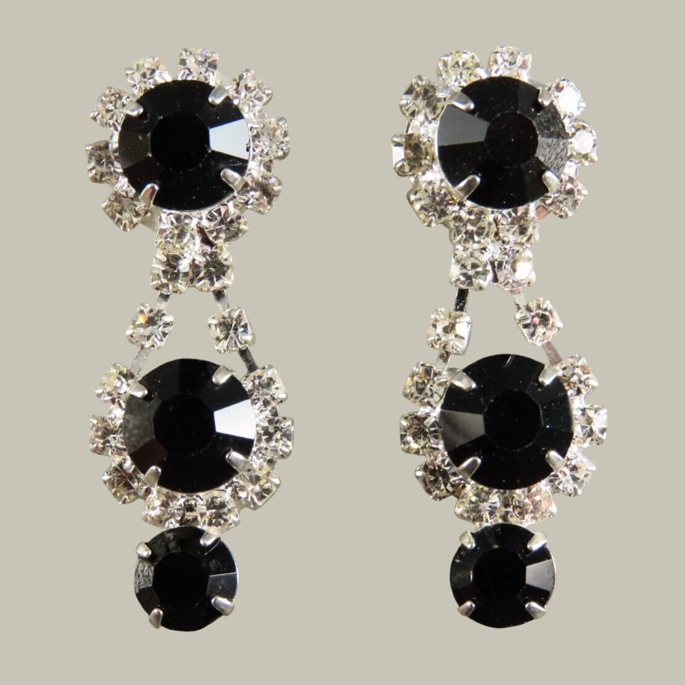 VTG BLACK & WHITE/CLEAR RHINESTONE Dangle Earrings SILVER TONE Party Cocktail